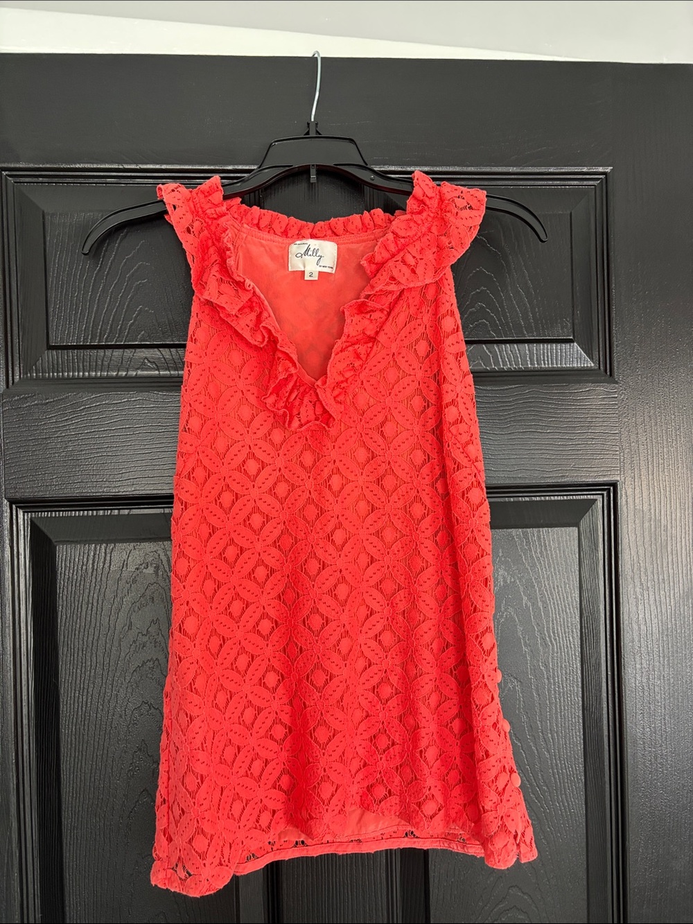 Milly Red Sleeveless Lace Ruffle V-Neck Top